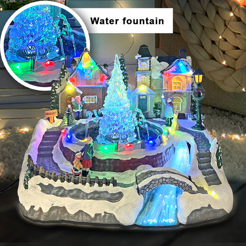 Christmas Village Snowy Fountain Milky Way River Musical Multicolor LED Light Up